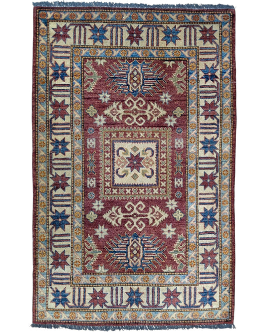 Tappeto Kazak fatto a mano 164x105 cm rosso e blu, ideale per soggiorno.