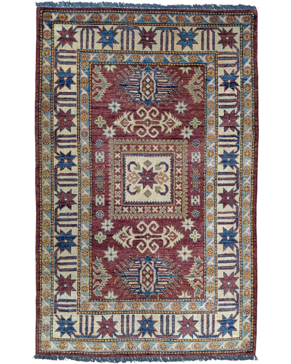 Tappeto Kazak fatto a mano 164x105 cm rosso e blu, ideale per soggiorno.