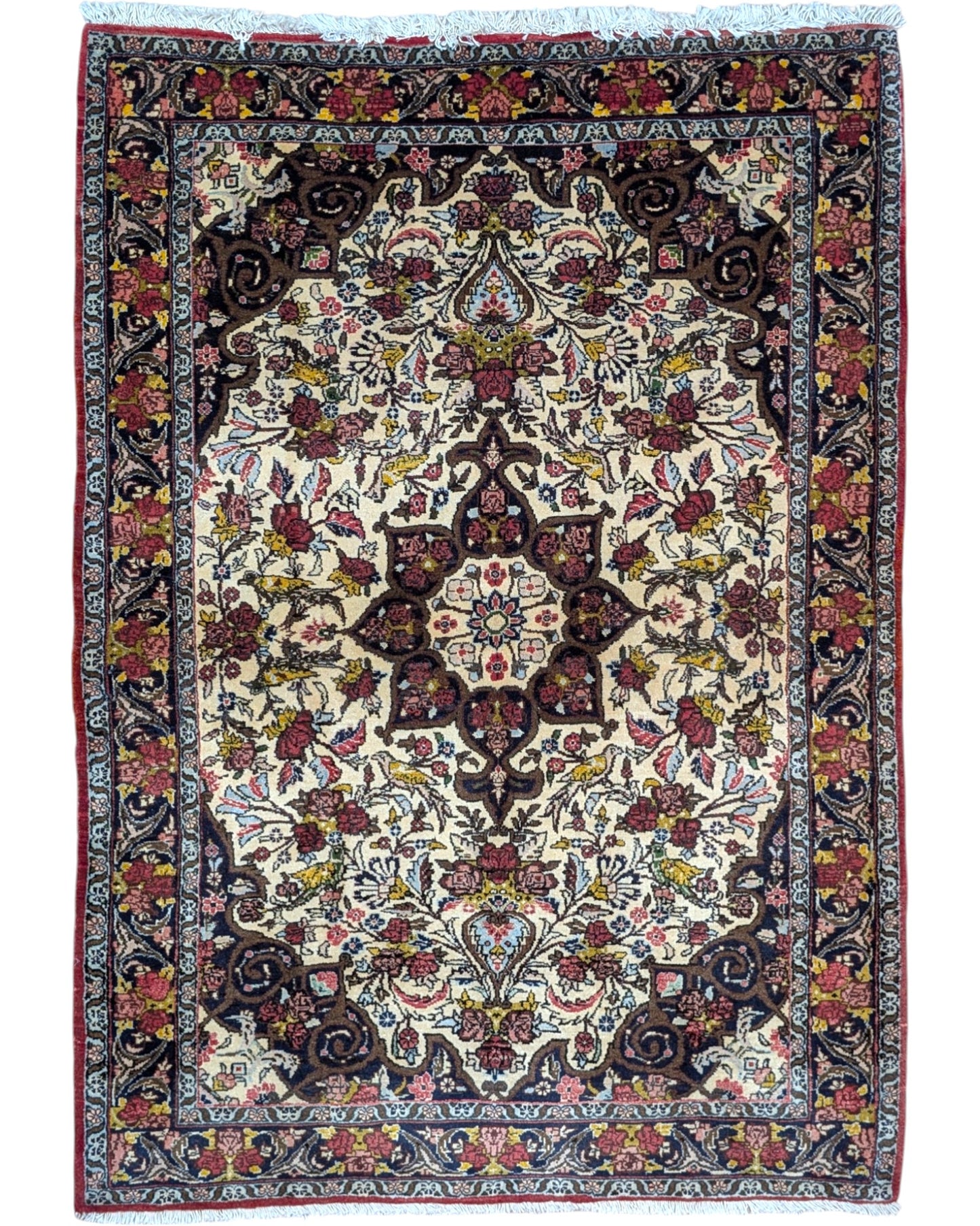 tappeto bijar persiano 160x115 cm fatto a mano fondo avorio con motivi floreali