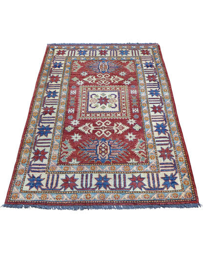 tappeto Kazak persiano 164x105 cm fatto a mano con motivi geometrici su fondo rosso