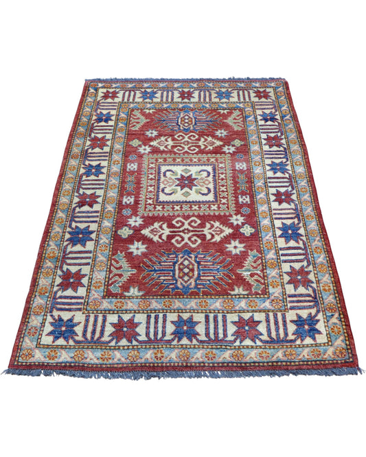 tappeto Kazak persiano 164x105 cm fatto a mano con motivi geometrici su fondo rosso