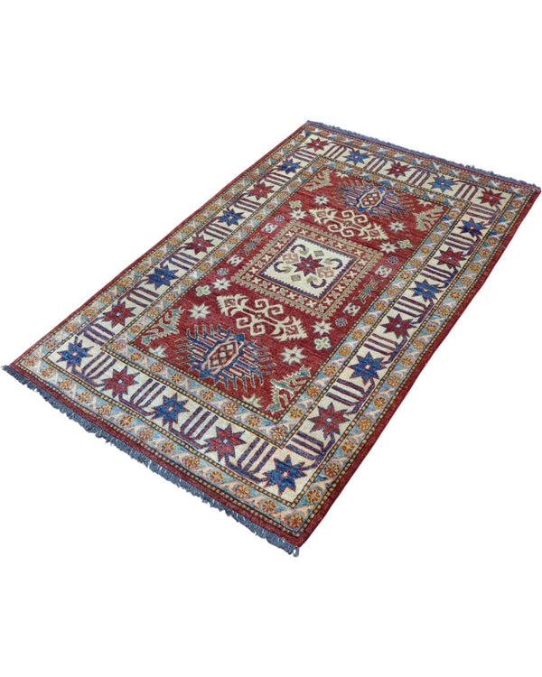tappeto Kazak persiano 164x105 cm fatto a mano con motivi geometrici su fondo rosso