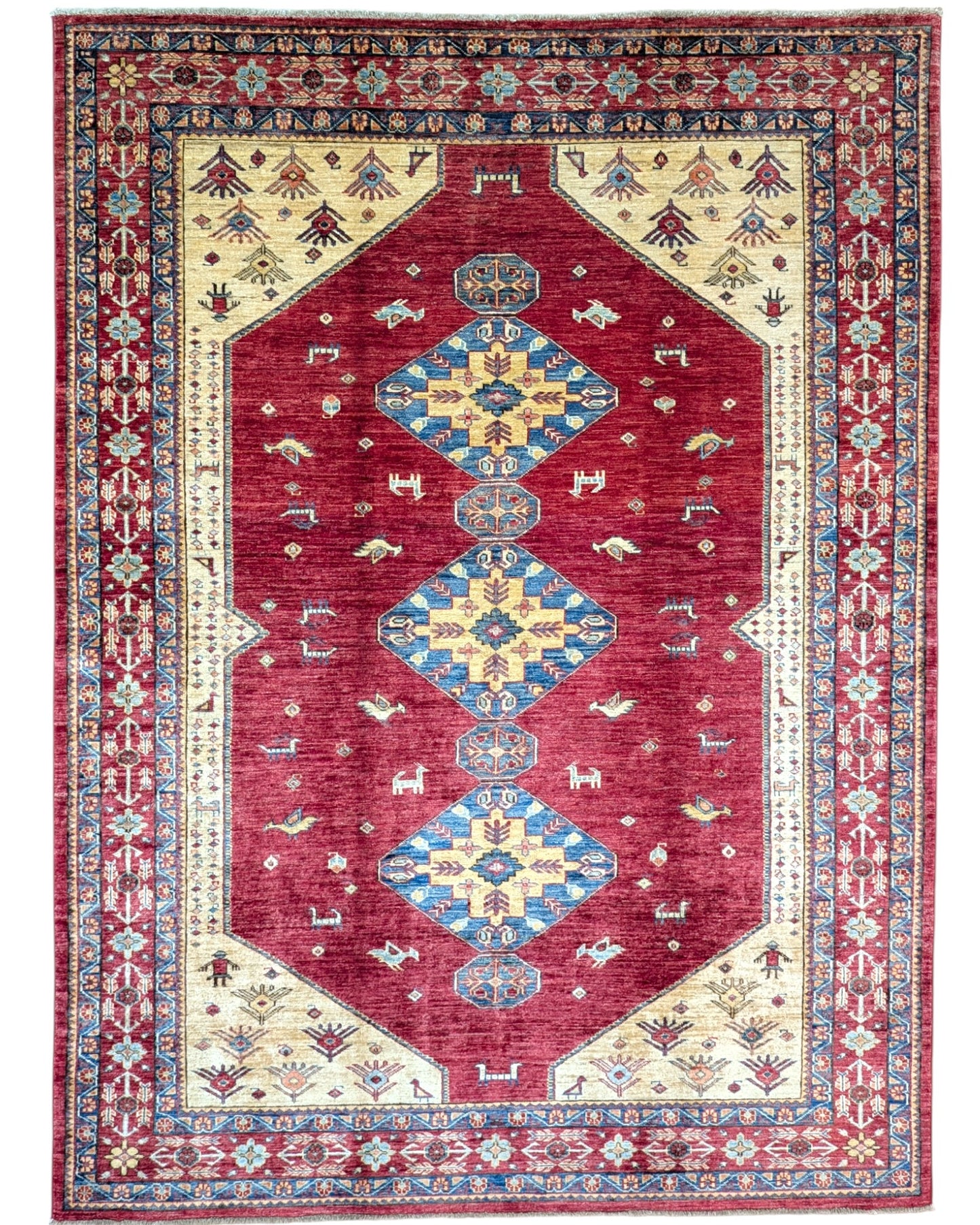 Tappeto Kazak, annodato a mano, 240 x 178 cm, fondo rosso intenso con motivi geometrici.