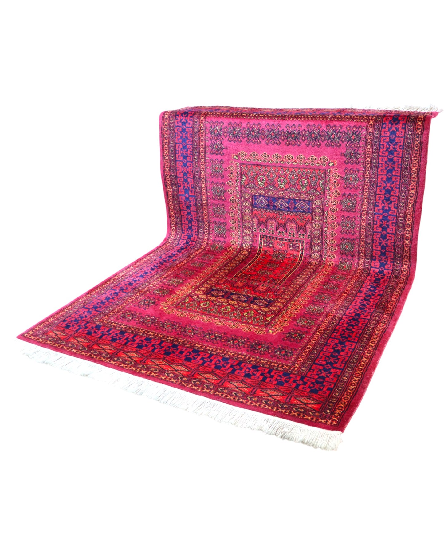 Tappeto Turkemen 278x185 cm con motivo geometrico ricco di rosa, blu e giallo, annodato a mano con lana di alta qualità e ordito in cotone resistente.