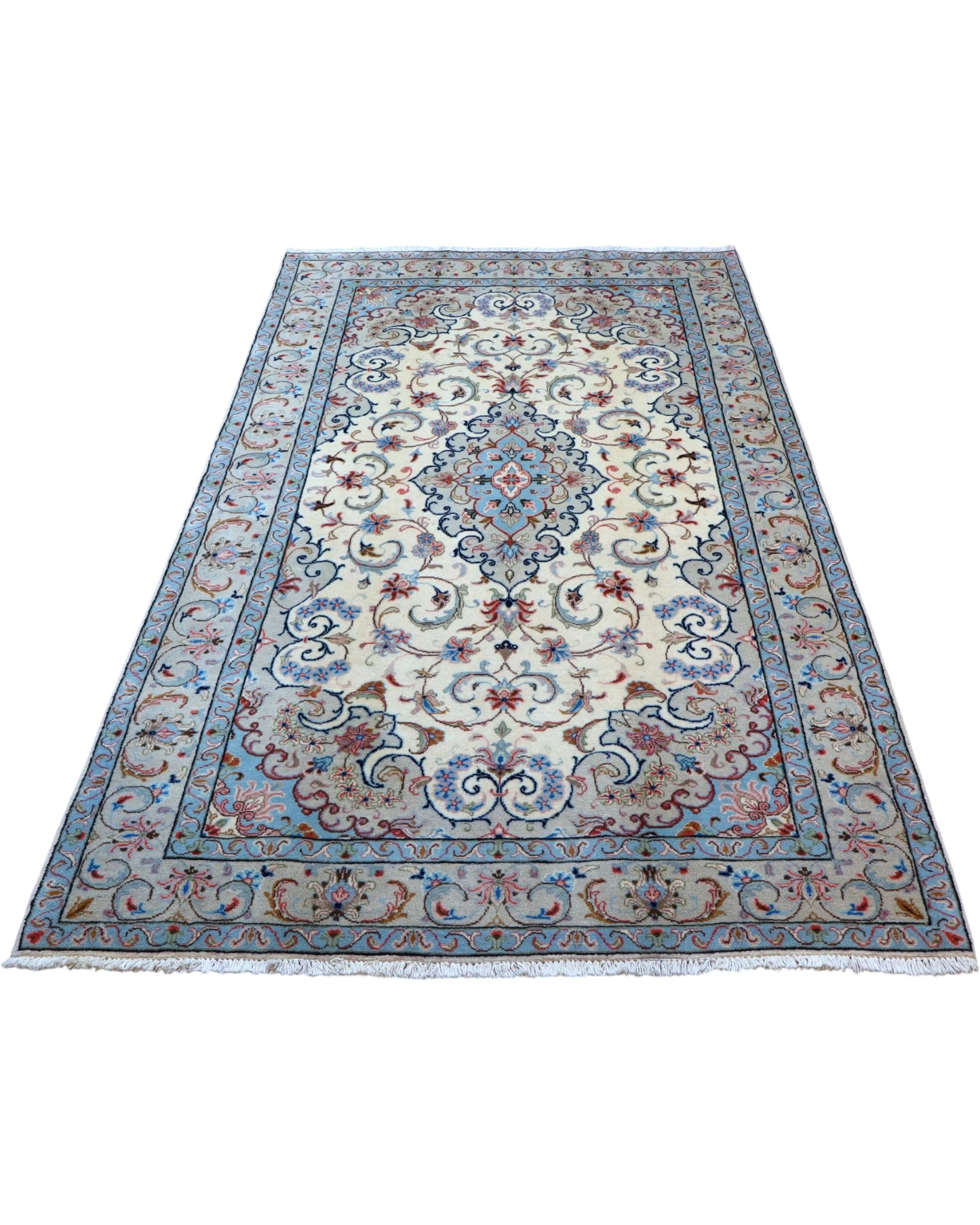 Tappeto Persiano Yazd 255x150 cm Avorio e Celeste con Medaglione