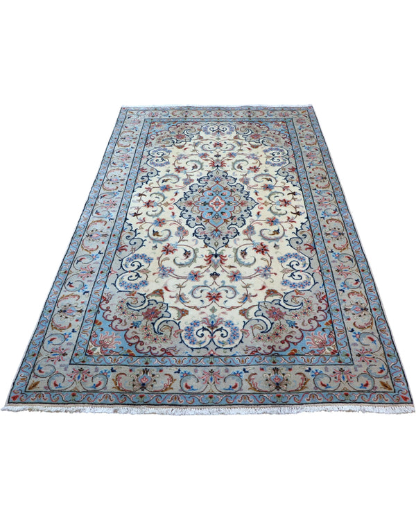Tappeto Persiano Yazd 255x150 cm Avorio e Celeste con Medaglione