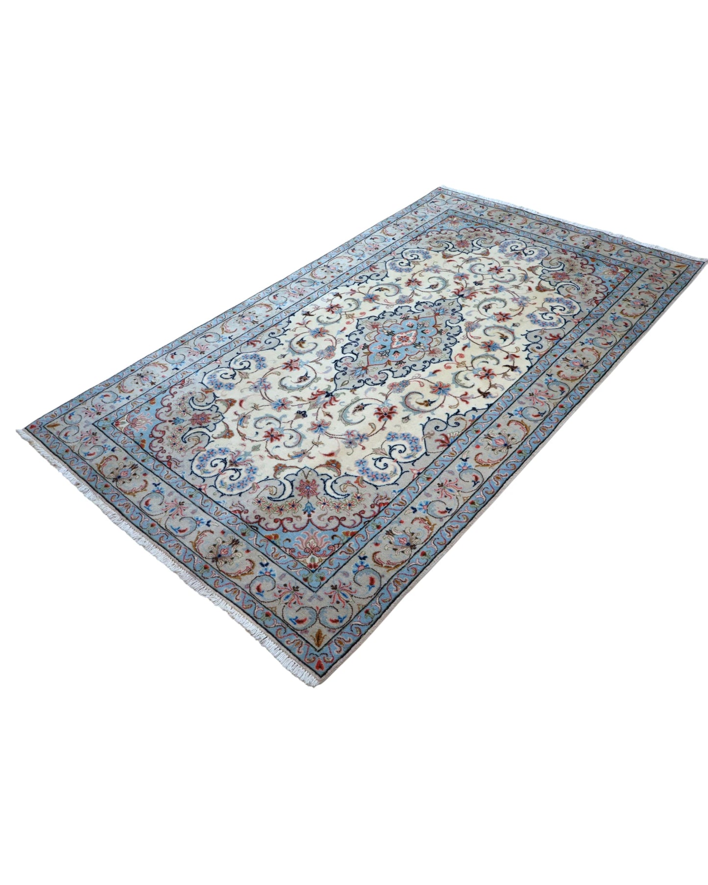 Tappeto Persiano Yazd 255x150 cm Avorio e Celeste con Medaglione