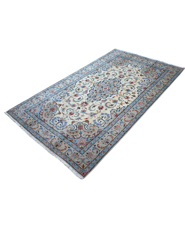 Tappeto Persiano Yazd 255x150 cm Avorio e Celeste con Medaglione