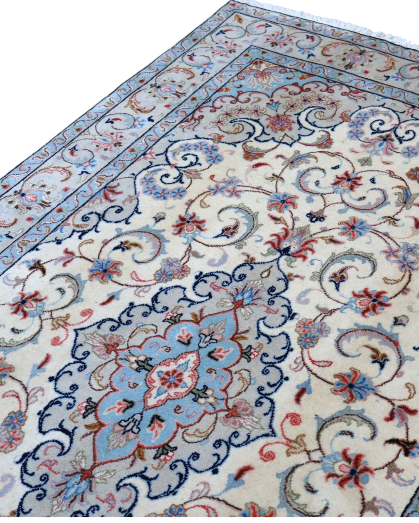 Tappeto Persiano Yazd 255x150 cm Avorio e Celeste con Medaglione