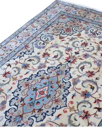 Tappeto Persiano Yazd 255x150 cm Avorio e Celeste con Medaglione