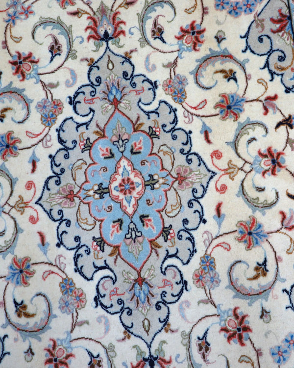 Tappeto Persiano Yazd 255x150 cm Avorio e Celeste con Medaglione