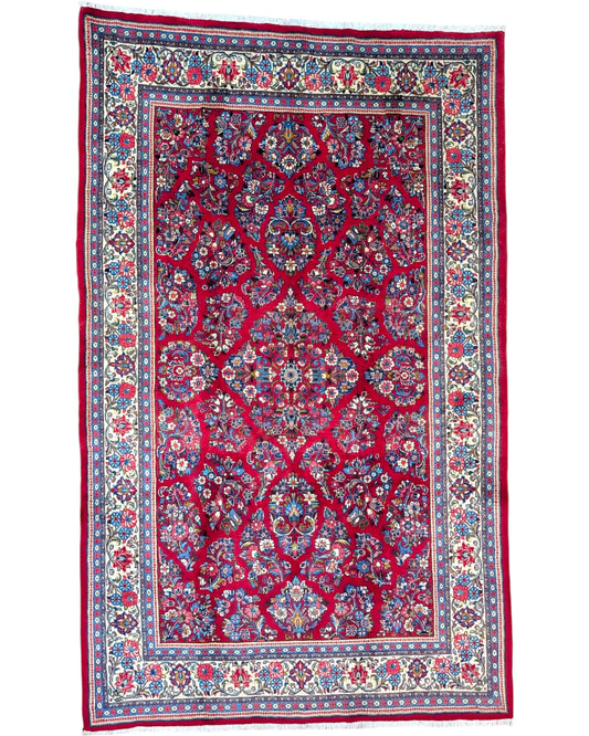 Tappeto persiano Saraq 255x158 cm rosso con motivi floreali, perfetto per soggiorno elegante