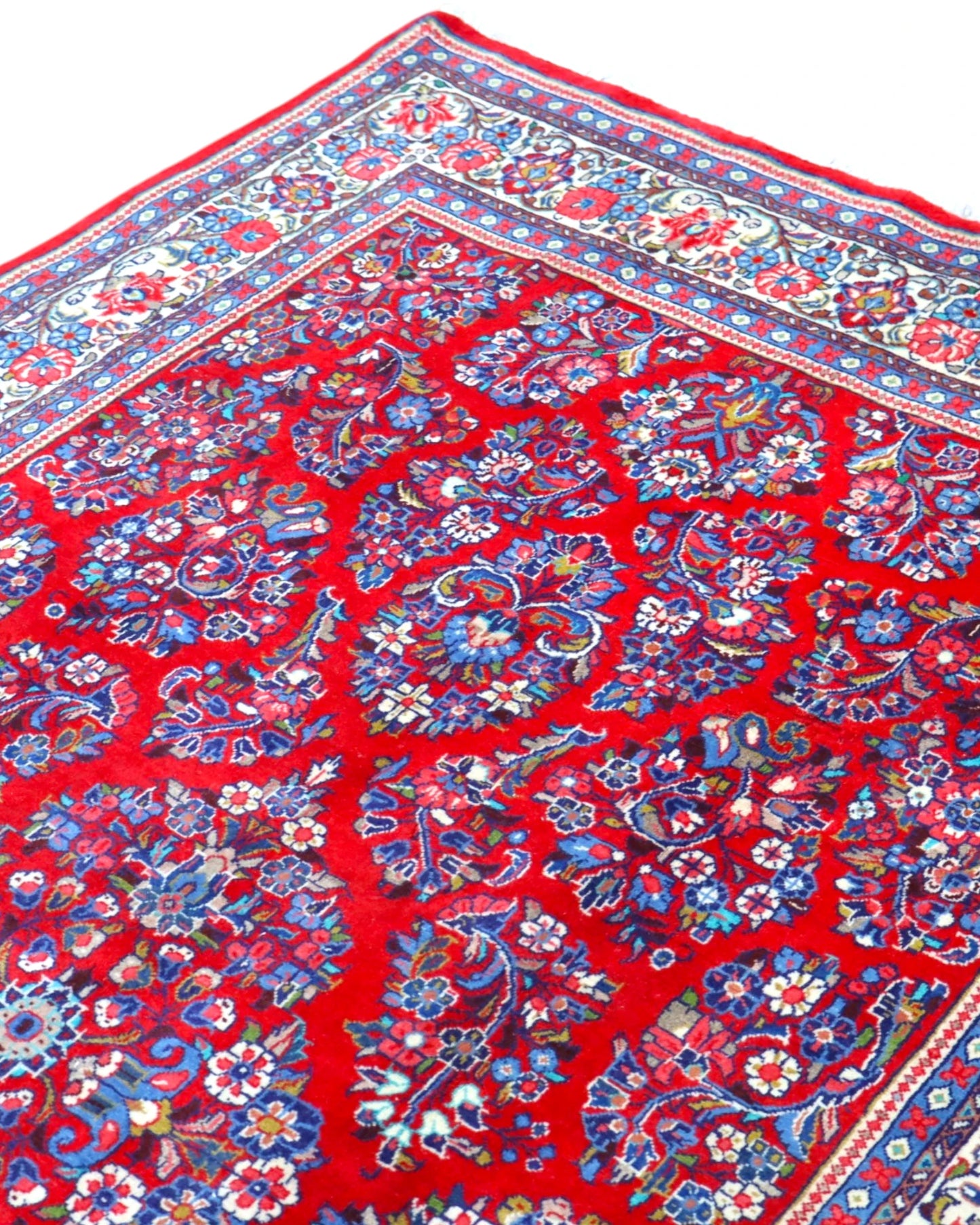 Tappeto persiano grande 255x158 cm con design floreale rosso e blu per salone elegante