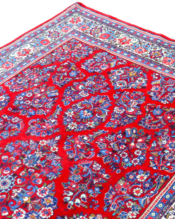 Tappeto persiano grande 255x158 cm con design floreale rosso e blu per salone elegante