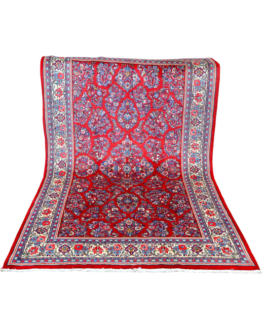 Tappeto persiano 255x158 cm con bordi blu e motivi rossi, ideale per spazi grandi