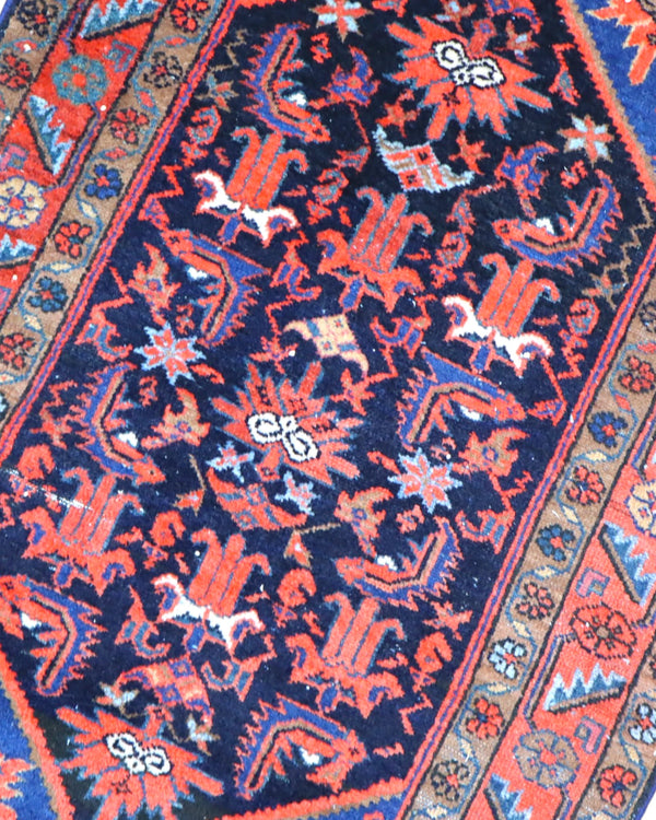 Tappeto persiano antico Malayer 150x93 cm, con toni di blu e rosso