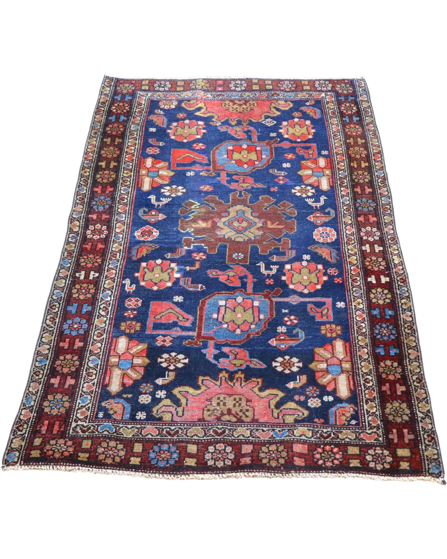 Tappeto persiano con sfondo blu e motivi colorati, dimensioni 150x90 cm