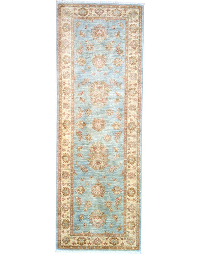 Tappeto Farahan 236x83 cm afghano annodato a mano, corridore in lana con fondo azzurro e decorazioni floreali beige e oro.