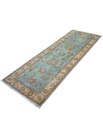Tappeto Farahan 236x83 cm afghano annodato a mano, corridore in lana con fondo azzurro e decorazioni floreali beige e oro.