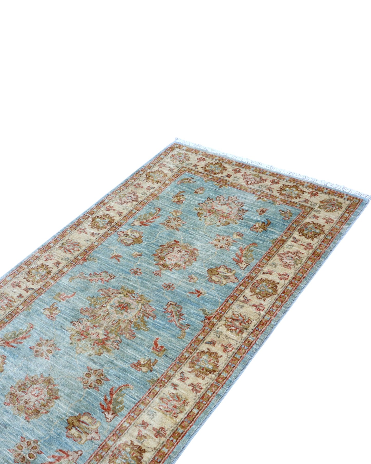 Tappeto Farahan 236x83 cm afghano annodato a mano, corridore in lana con fondo azzurro e decorazioni floreali beige e oro.