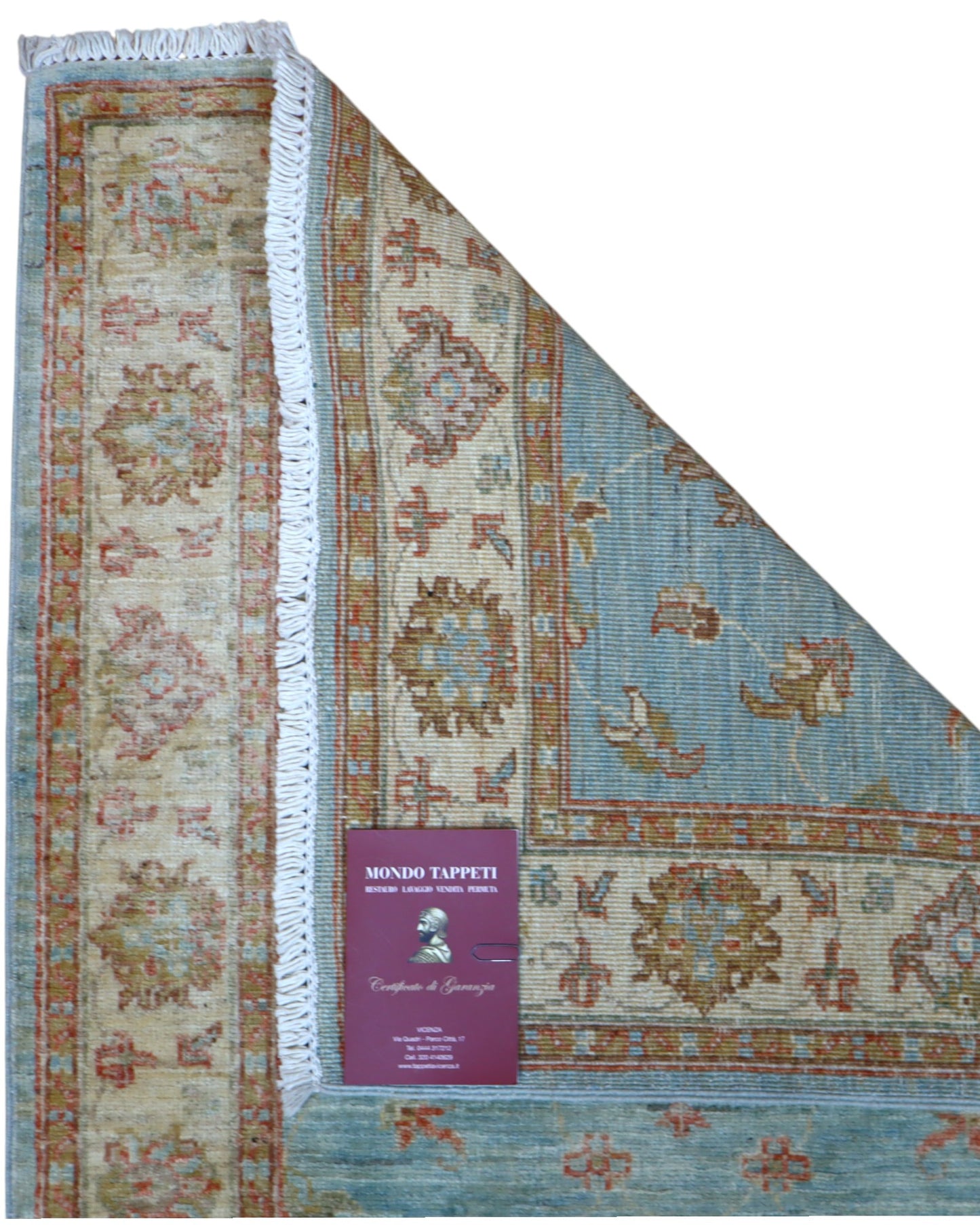 Tappeto Farahan 236x83 cm afghano annodato a mano, corridore in lana con fondo azzurro e decorazioni floreali beige e oro.