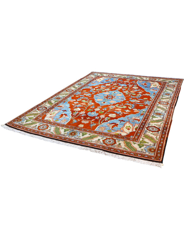 Tappeto Heriz 240x320 cm persiano annodato a mano con fondo rosso e dettagli azzurri e avorio.