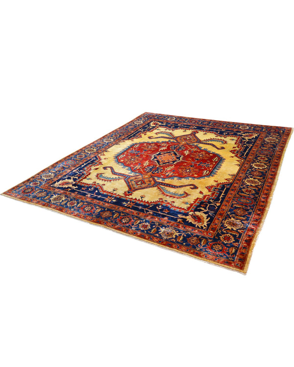 Tappeto Heriz persiano 303x255 cm, annodato a mano, lana e cotone con colori vegetali, fondo avorio con medaglione rosso e dettagli blu.