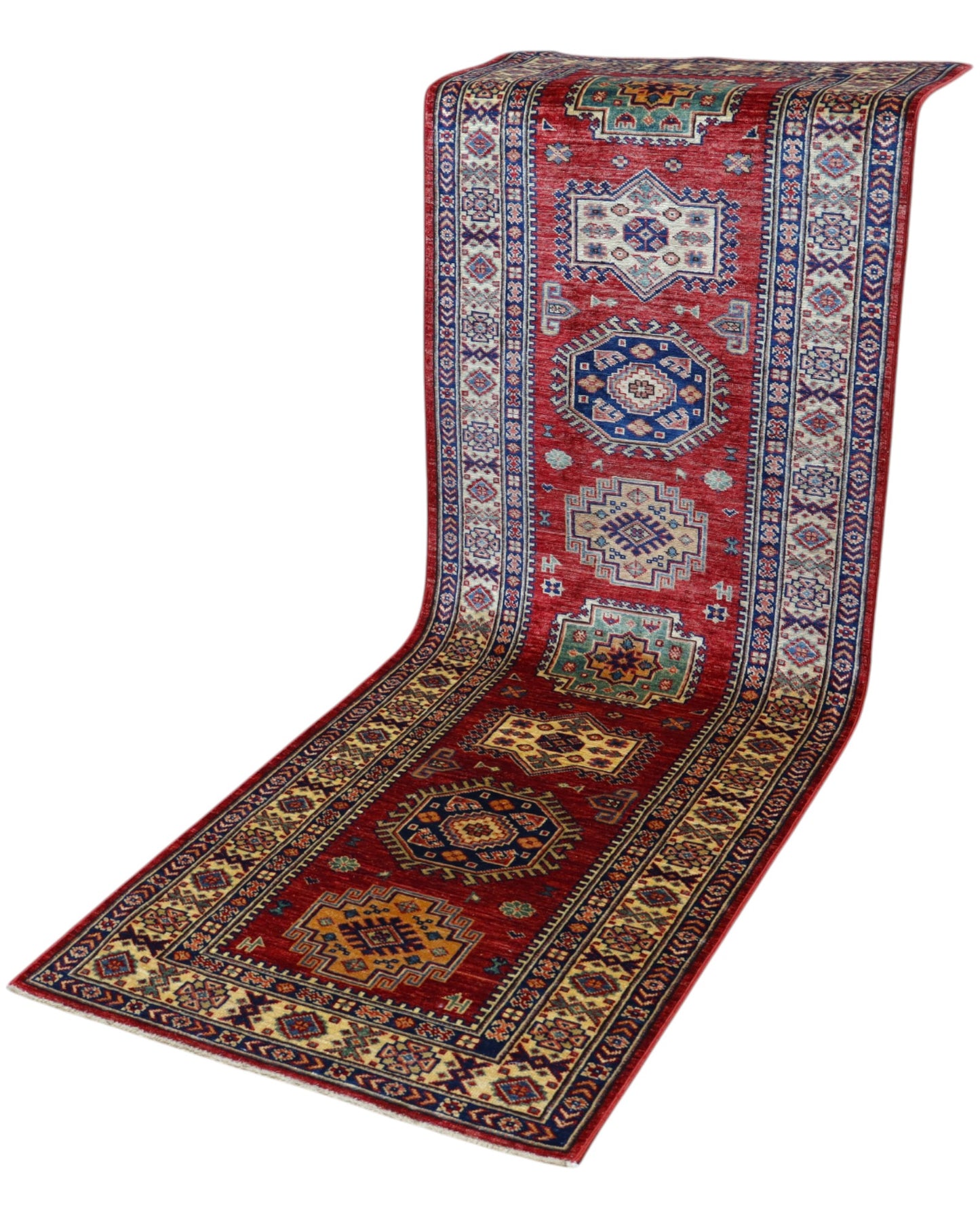 Tappeto Kazak 236x82 cm, corridore afghano annodato a mano in lana, fondo rosso con motivi geometrici blu e verdi.