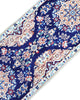 Tappeto Nain 208x63 cm, corridore persiano annodato a mano in lana e seta, fondo blu con motivi floreali avorio.