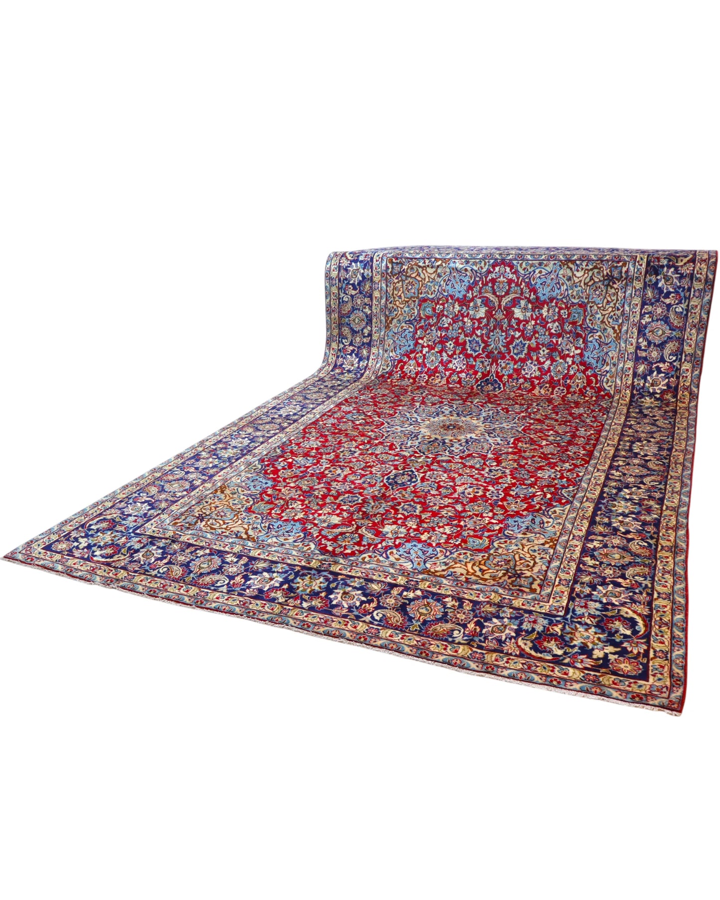 Tappeto persiano Najafabad 500x400 cm, fondo rosso con ampio medaglione centrale blu e cornice floreale scura, annodato a mano in lana vegetale.