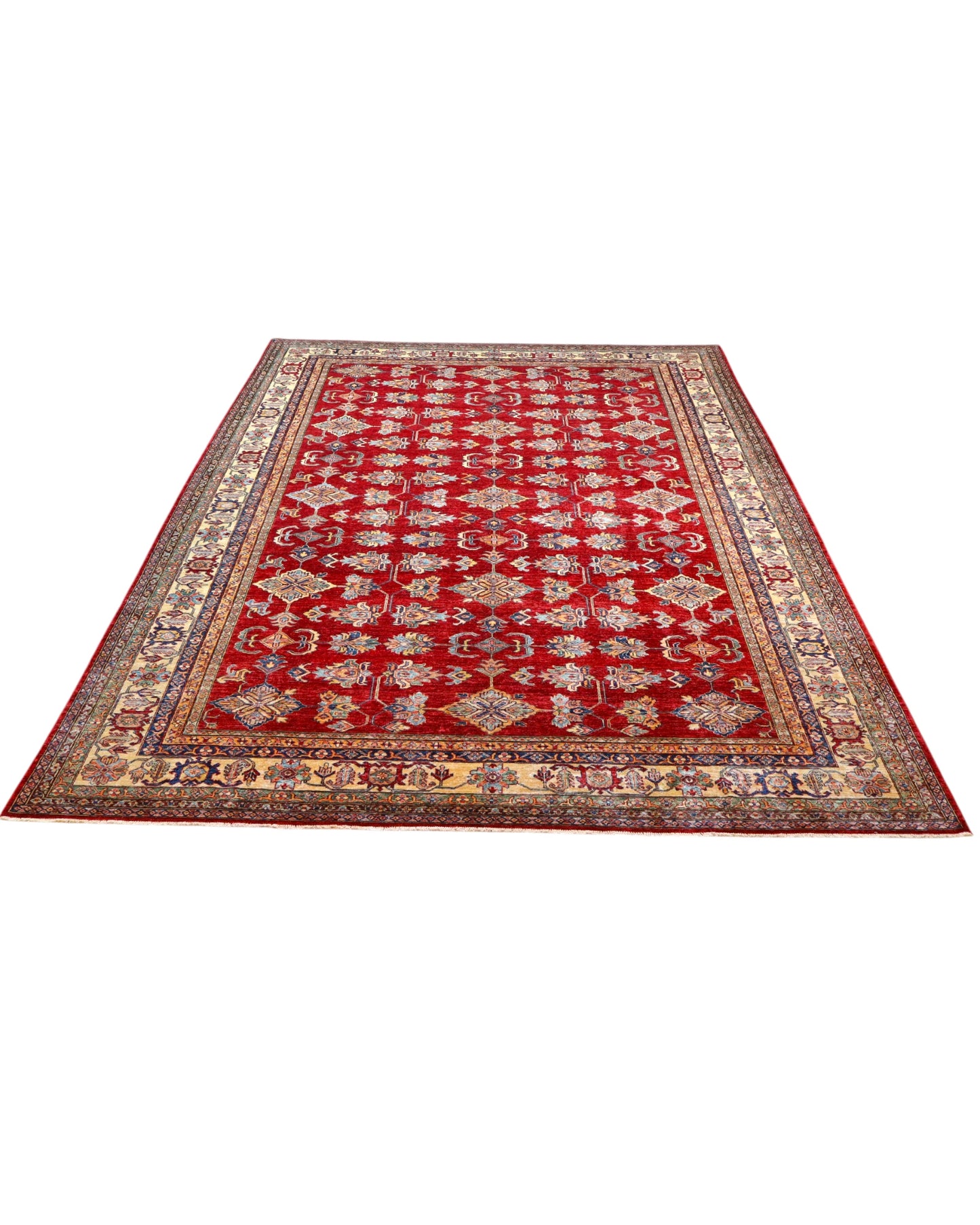 Tappeto Kazak 445x307 cm afghano, annodato a mano, con fondo rosso e motivi geometrici in azzurro, avorio e oro.