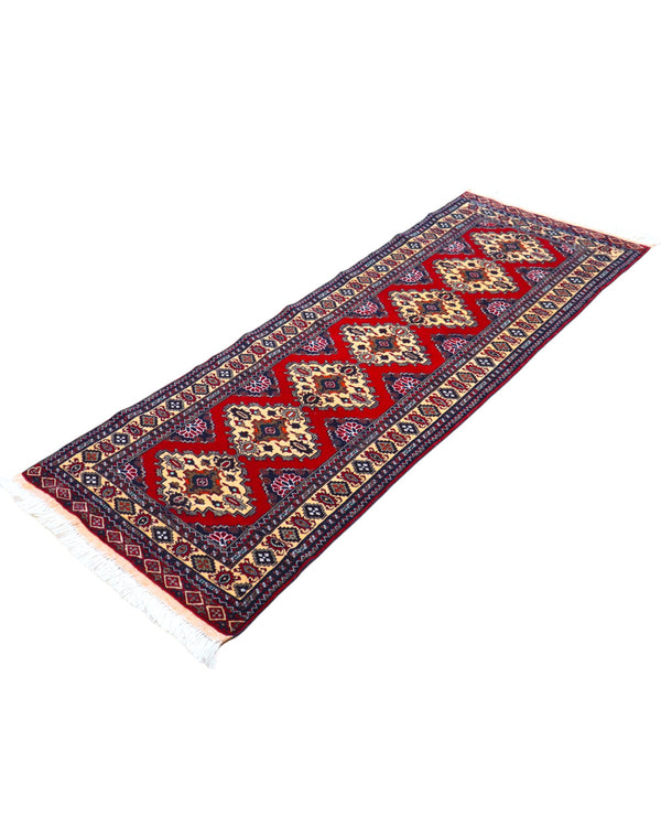 Tappeto Turkman persiano 192x70 cm, corridore con fondo rosso e rombi centrali avorio, annodato a mano in lana.