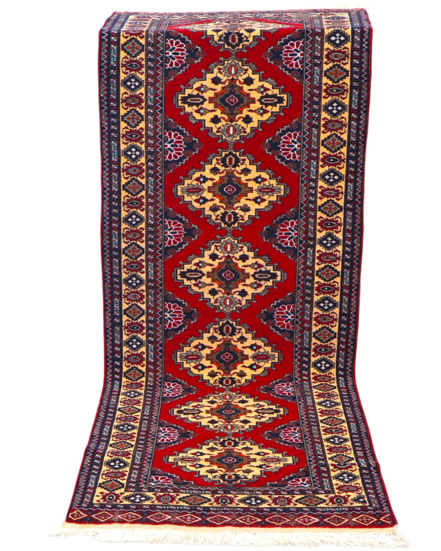 Tappeto Turkman persiano 192x70 cm, corridore con fondo rosso e rombi centrali avorio, annodato a mano in lana.