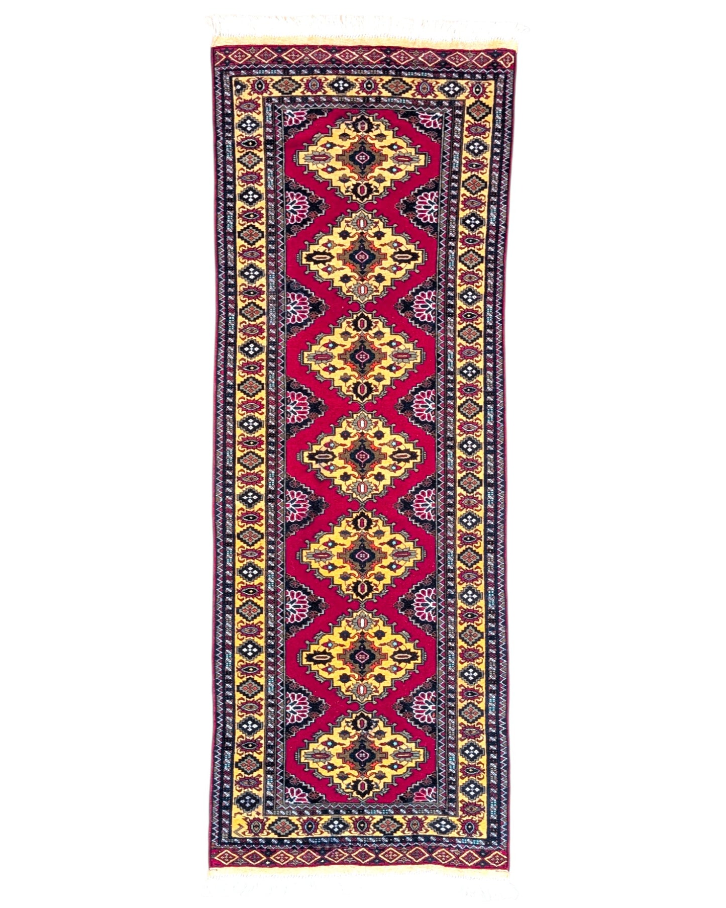 Tappeto Turkman persiano 192x70 cm, corridore con fondo rosso e rombi centrali avorio, annodato a mano in lana.