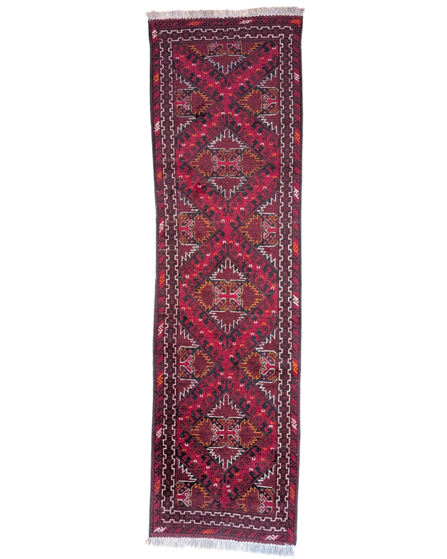 Tappeto Turkman 267x76 cm, corridore persiano in lana annodata a mano, fondo bordeaux con motivi geometrici rossi e arancio.