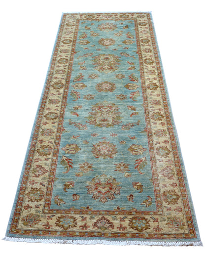 Tappeto Farahan 236x83 cm afghano annodato a mano, corridore in lana con fondo azzurro e decorazioni floreali beige e oro.