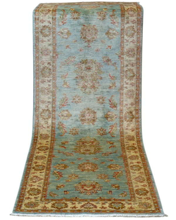 Tappeto Farahan 236x83 cm afghano annodato a mano, corridore in lana con fondo azzurro e decorazioni floreali beige e oro.