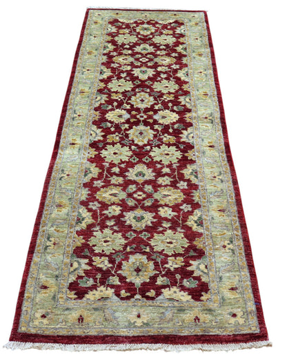 Tappeto Farahan afghano 250x80 cm rettangolare, annodato a mano, con fondo rosso, disegni floreali chiari e cornice decorata.