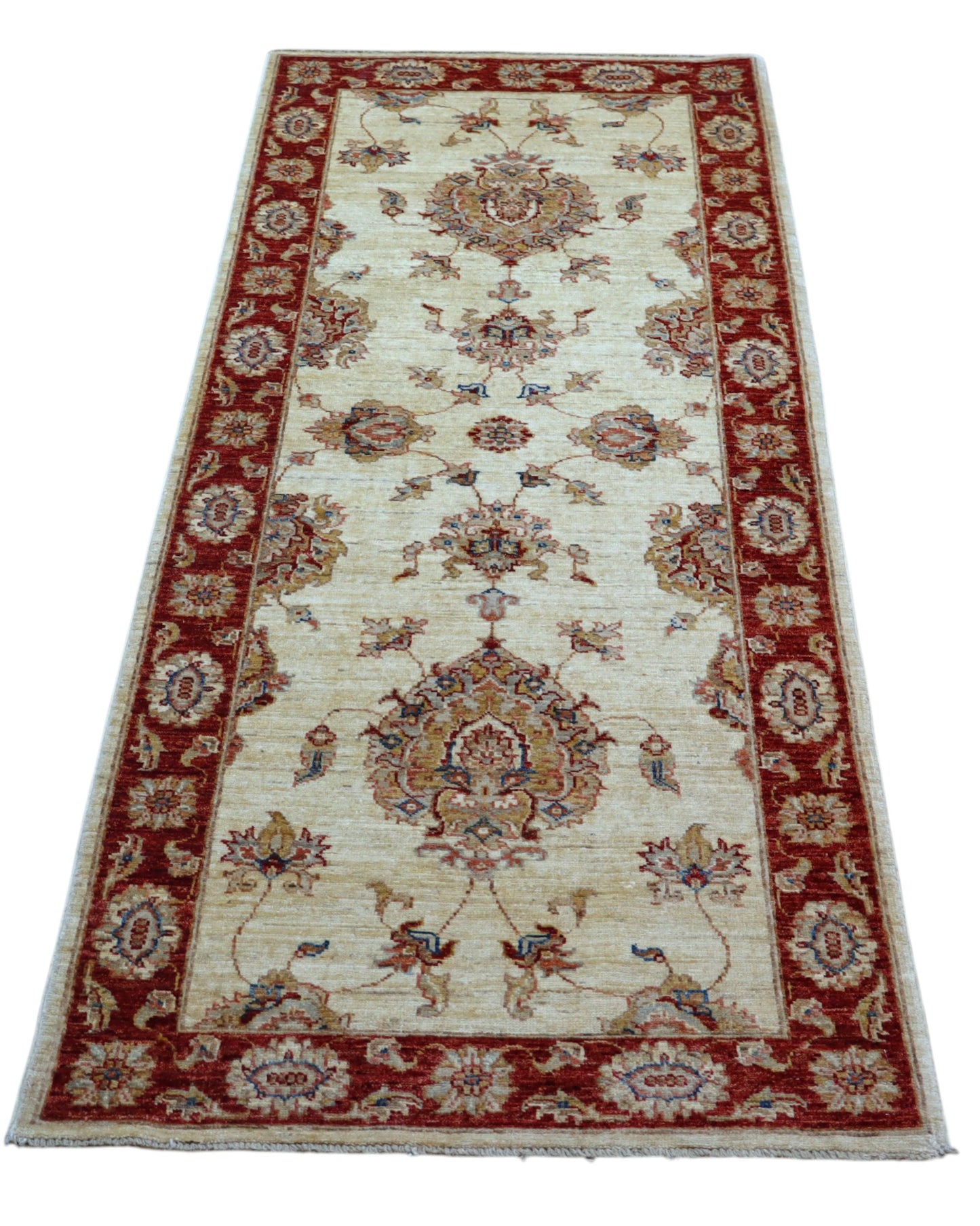 Tappeto Ziegler 190x80 cm fondo chiaro annodato a mano in lana e cotone.