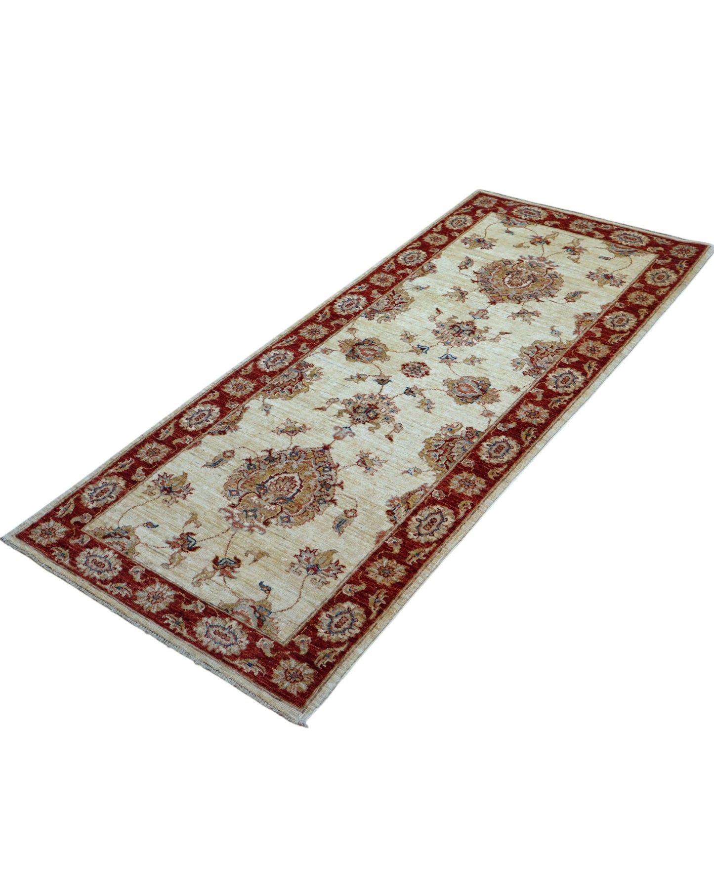 Tappeto Ziegler 190x80 cm fondo chiaro annodato a mano in lana e cotone.