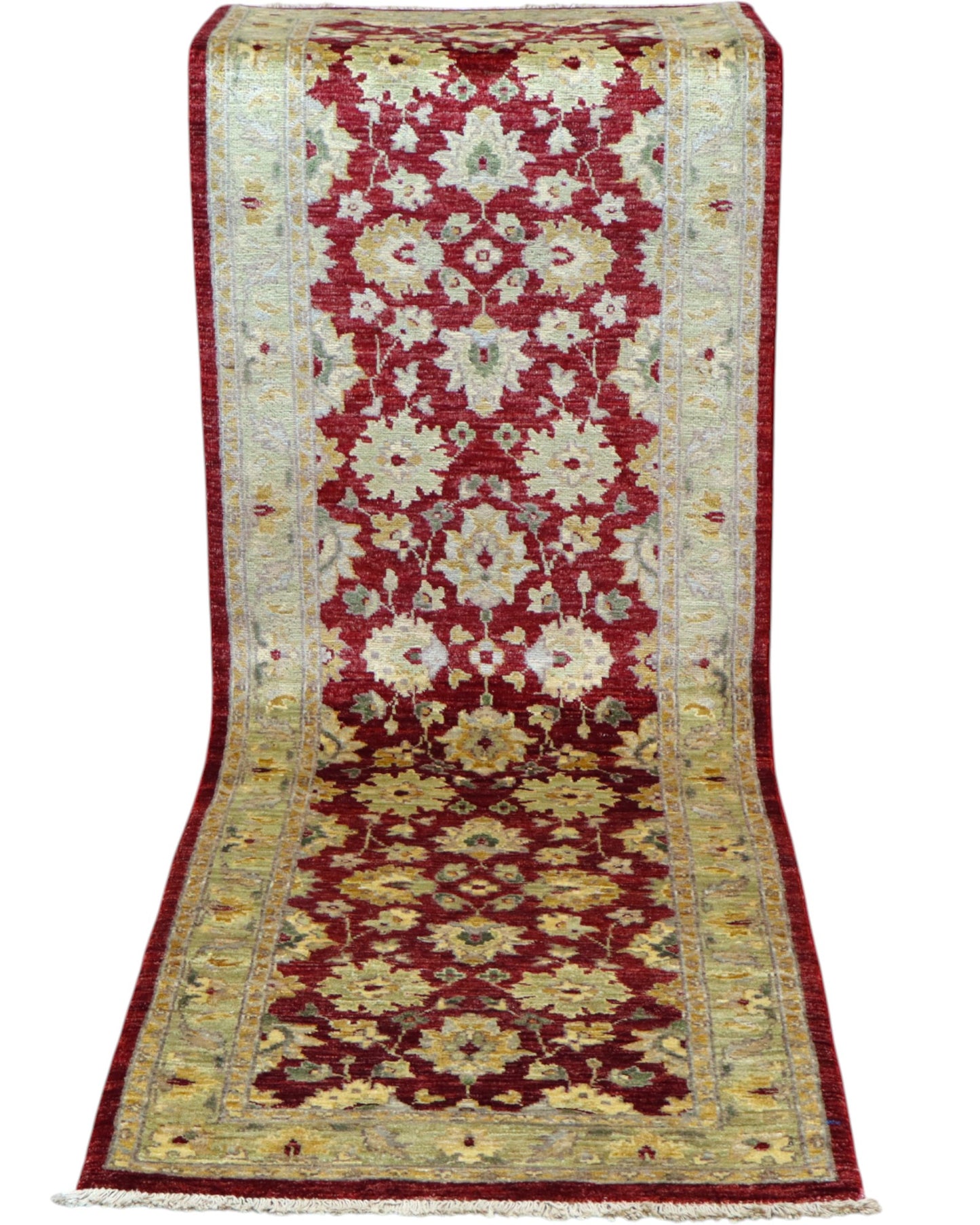 Tappeto Farahan afghano 250x80 cm rettangolare, annodato a mano, con fondo rosso, disegni floreali chiari e cornice decorata.