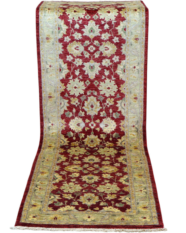 Tappeto Farahan afghano 250x80 cm rettangolare, annodato a mano, con fondo rosso, disegni floreali chiari e cornice decorata.