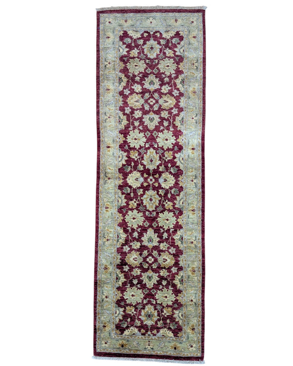 Tappeto Farahan afghano 250x80 cm rettangolare, annodato a mano, con fondo rosso, disegni floreali chiari e cornice decorata.