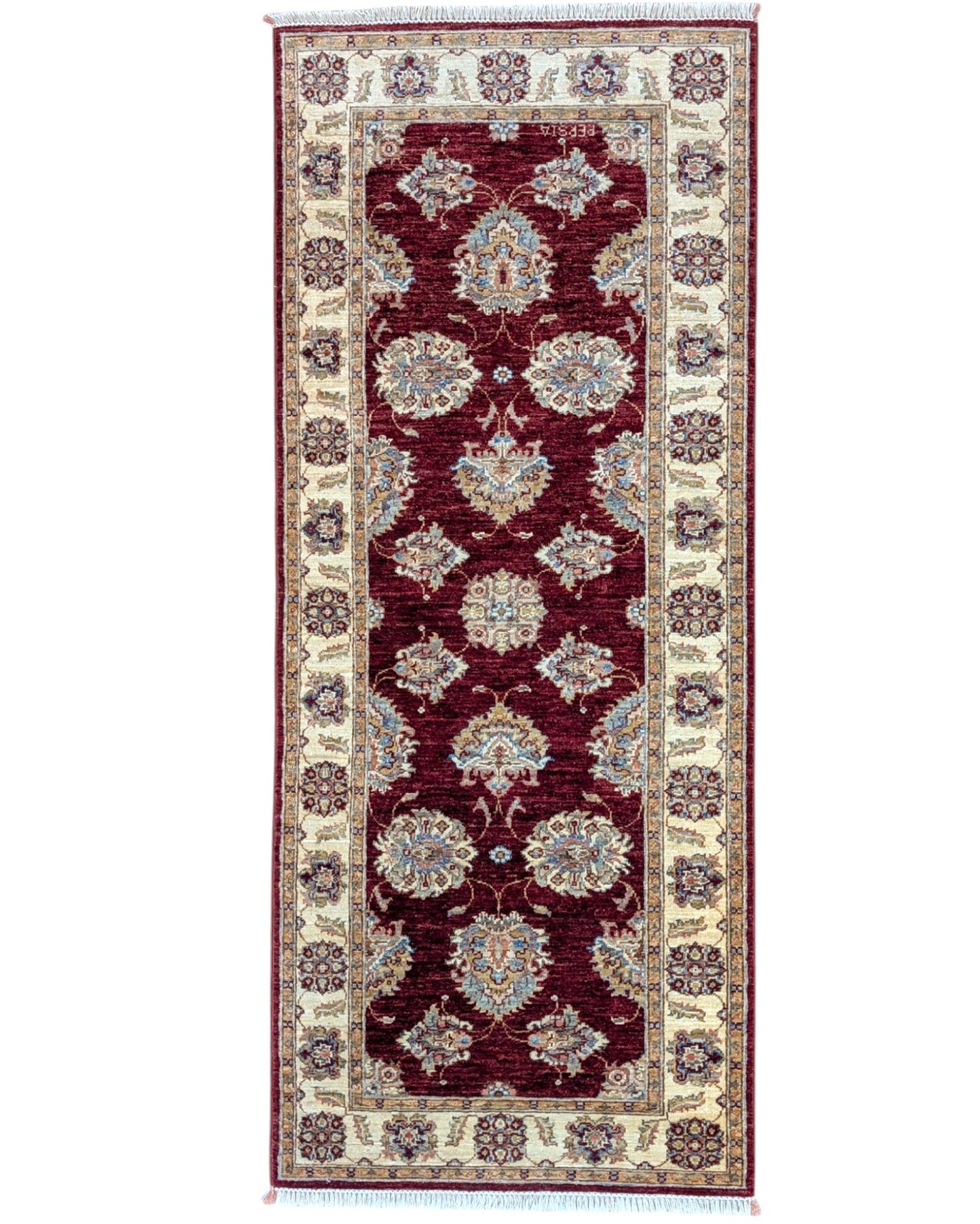 Tappeto Ziegler Afghan 199x83 cm annodato a mano, fondo rosso intenso con decorazioni floreali avorio e cornice chiara.