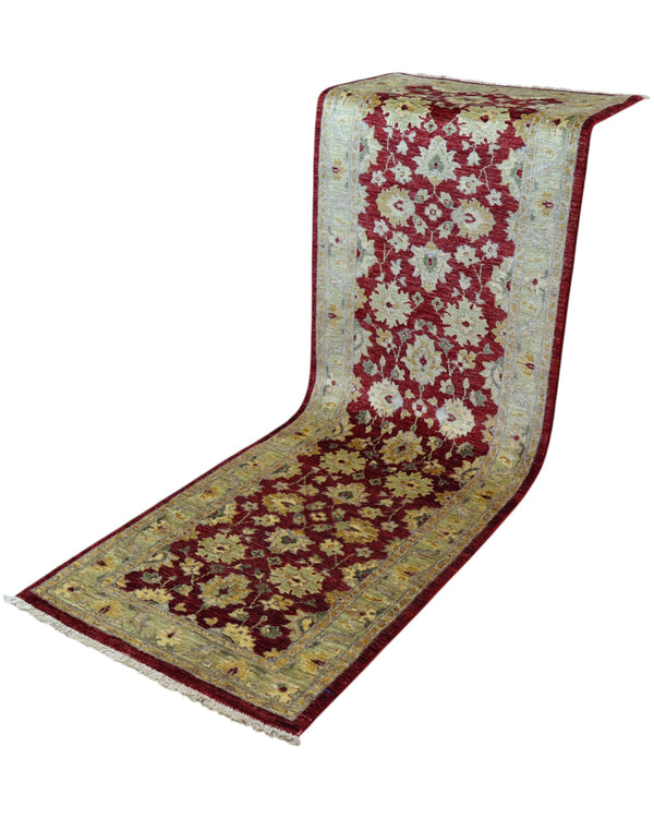 Tappeto Farahan afghano 250x80 cm rettangolare, annodato a mano, con fondo rosso, disegni floreali chiari e cornice decorata.