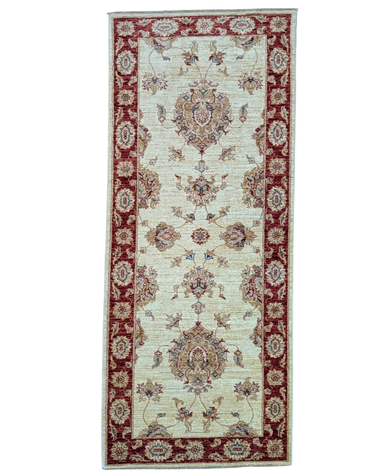 Tappeto Ziegler 190x80 cm fondo chiaro annodato a mano in lana e cotone.