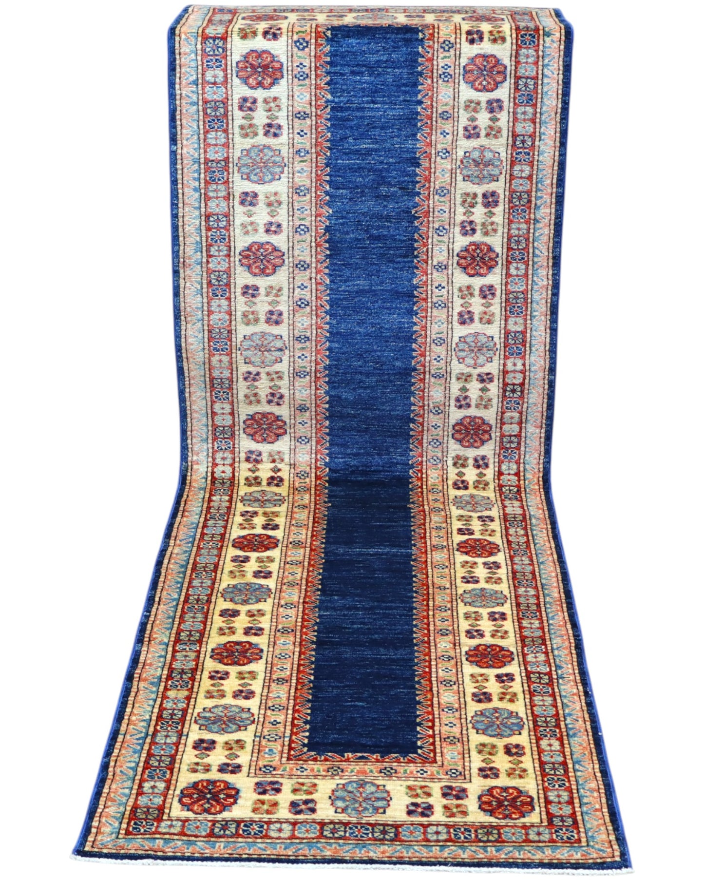 Tappeto Kazak 237x79 cm fondo blu annodato a mano in lana e cotone.