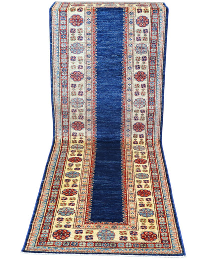 Tappeto Kazak 237x79 cm fondo blu annodato a mano in lana e cotone.