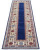 Tappeto Kazak 237x79 cm fondo blu annodato a mano in lana e cotone.