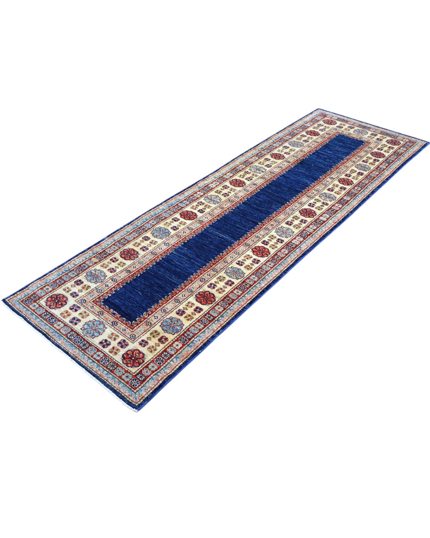 Tappeto Kazak 237x79 cm fondo blu annodato a mano in lana e cotone.